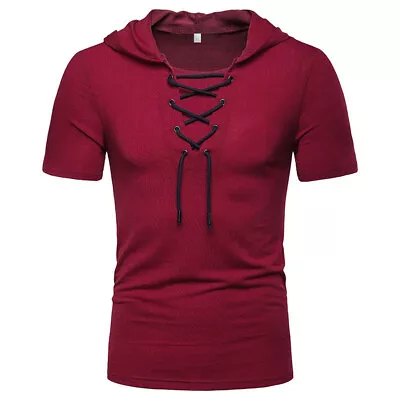 Buy Mens Hooded T Shirt Short Sleeve Slim Fit Casual T-shirts Tops V Neck Hoodies • 8.45£