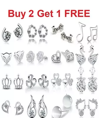 Buy Women Sterling Silver Earrings Stud Gift Jewellery Small Crystal 925 Round Girls • 2.99£