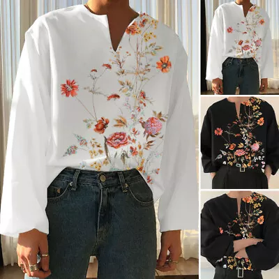 Buy UK Mens Floral Printed Long Sleeve Tops Shirts Formal Work Business Shirt Tee • 16.99£