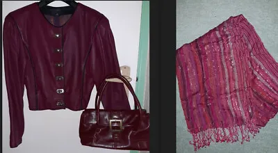 Buy Lot 3 Womens Burgundy Real Leather Crop Jacket Uk 8 Handbag Bonmarche Red Shawl • 25.50£