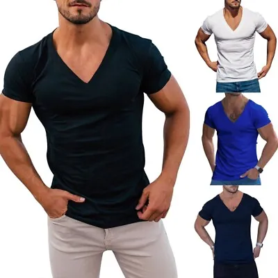 Buy Summer Mens V-Neck T Shirts Short Sleeve Muscle Slim Fit Sports Gym Blouse Tops • 9.79£