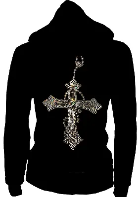 Buy Women's Zip Up Hoodie Sweater Bling Gothic Style Rhinestones Chained Cross S-4XL • 38.74£