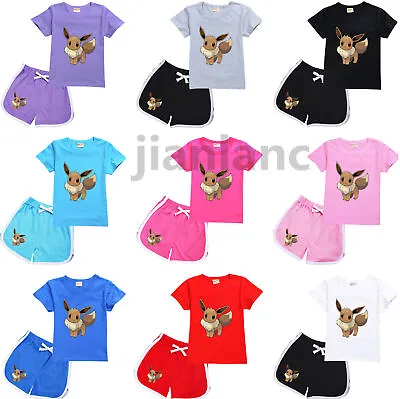 Buy Kids Eevee Tracksuit Cosplay Costume Cartoon Short Sleeved T-shirt+Shorts Outfit • 10.99£