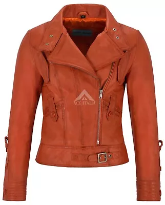 Buy SUPERMODEL Ladies Jacket Orange Biker Tops Rock Real Italian Leather Jacket 4110 • 102£