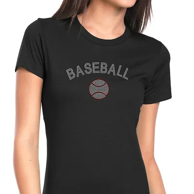 Buy Womens T-Shirt Rhinestone Bling Black Fitted Tee Baseball Crystal Ball Red • 22.49£