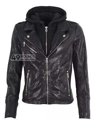 Buy Women Leather Biker Jacket With Detachable Hood Black Real Lambskin Leather • 49£