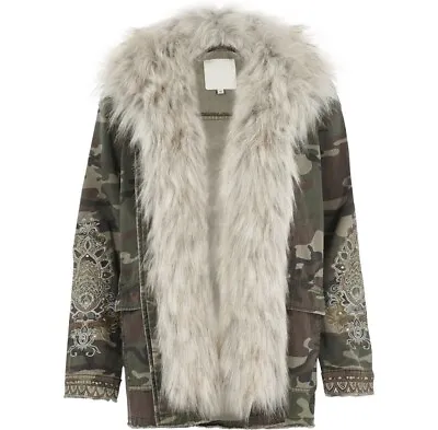Buy Ex River Island Ladies Camo Faux Fur Embroidered Jacket Size 8 New (648) Sale • 14.95£