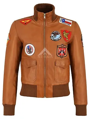 Buy TOP GUN Ladies Leather Jacket Tan Jet Fighter Bomber Navy Air Force Pilot Jacket • 119.75£