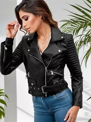 Buy Solid Leather Biker Jacket, Streetwear Long Sleeve Zipper Outerwear, Women's Clo • 19.99£
