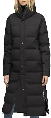 Buy Long Line Black Puffer Coat Side Zip Quilted Body Warmer Popper Zip Hooded • 31.96£