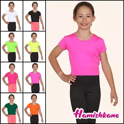 Buy Kids Girls Plain Crop Top Cap Sleeve Microfiber Stretchy Summer T-Shirt 3-13 Yrs • 5.92£
