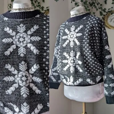 Buy Vintage 1980s Black Metallic Snowflake Chunky Sweater Preppy Christmas Holiday • 35.93£