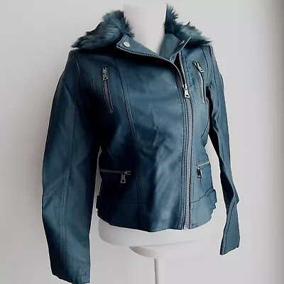 Buy  Red Herring Size 8 Bike Jacket Faux Leather Jacket Fur Collar Faux Teal Green • 19.99£