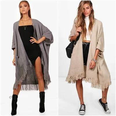 Buy Ladies Womens Knitted Baggy Tassel Hem Cape Cardigan Warm Jacket Poncho Wrap • 16.90£
