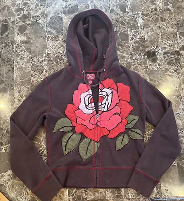 Buy Lucky Brand Hoodie M Red Floral Rose Full Zip Hooded Grunge Sweatshirt Vtg Y2K • 56.82£