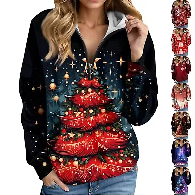 Buy Xmas Print Women Hoodie Zip Up Ladies Warm Long Sleeve Holiday Sweatshirts Top • 23.39£