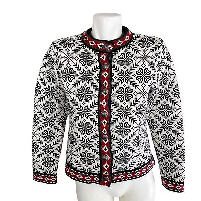 Buy L.L. Bean XS Snowflakes Nordic Geometric Bands Heavy Cotton Cardigan Sweater • 37.88£