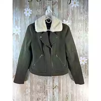 Buy American Eagle Womens Moto Jacket Sz Small Dark Moss Green Wool Blend Faux Fur • 28.37£