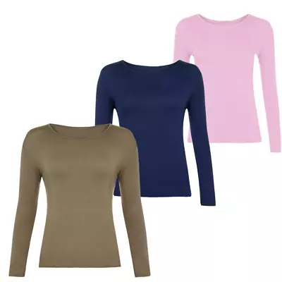 Buy Womens Long Sleeve ROUND NECK Plain Basic Ladies Stretch T-Shirt Top UK 8-26 • 6.39£