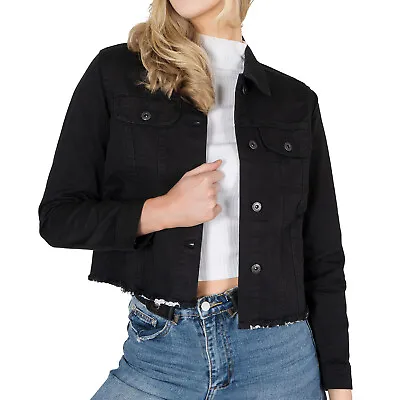 Buy Women's Ladies Classic Distressed Cotton Denim Button Up Crop Casual Jean Jacket • 16.99£