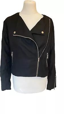 Buy Boohoo Jacket Black Biker Silver Zip Lightweight Soft Feel Short Cropped Size 12 • 6£
