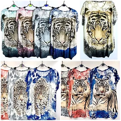 Buy Ladies Cap Sleeve Tiger T Shirt Summer Top Animal Print Shirt Diamante Plus Size • 7.28£