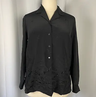 Buy Vintage Top Blouse Womens Size 16 Black Solid Floral Embroidered Beaded Button • 14.20£