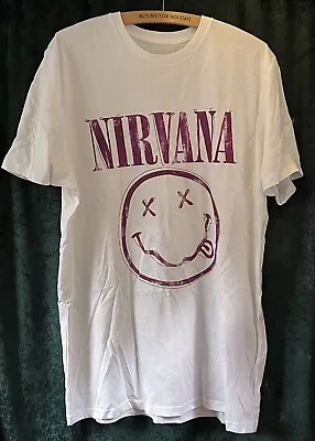 Buy Nirvana Smiley Face Grunge Rock Band T Shirt Sz L Purple White • 10£