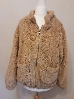 Buy Ladies Beige Teddy Coat Jacket With Pockets Size M • 5£