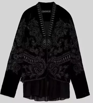 Buy ZARA Embellished Frill Floral Embroidered Beaded Velvet Jacket Sz M Black • 45£