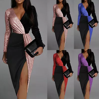 Buy Womens Sequin Cocktail Evening Party Bodycon Ladies Slim Fit V Neck Split Dress • 3.69£