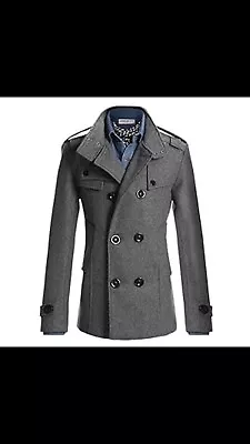 Buy Mens Casual Double PEA Wool Half Trench Coat Jacket  Grey Size Medium/Large • 59.99£