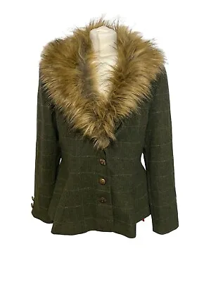 Buy Joe Browns Size 16 Tweed Style Green Jacket Coat Fur Collar Wool Blend • 39.99£