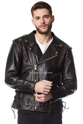 Buy Brando Mens Biker Leather Jacket Black Distressed | Real Hide Strong Leather MBF • 129.73£