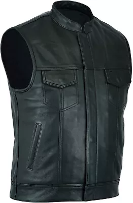 Buy Men's SOA Motorbike Real Leather Full Grain Collared Waistcoat Black Rider Vest • 99.99£