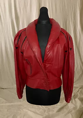 Buy Vintage Red Leather Jacket With Black Details And Shoulder Pads, Woman's, Size44 • 189£
