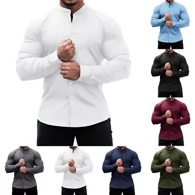 Buy Stretchy Muscle Fit Shirts For Men Stand Up Collar Slim Fit Long Sleeve • 21.48£