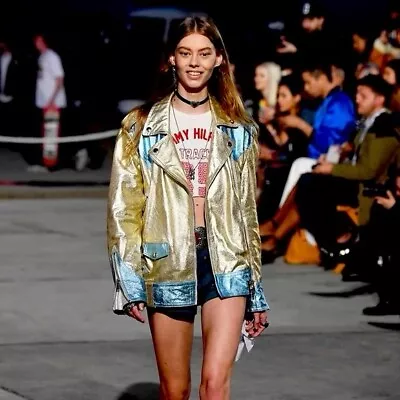 Buy Tommy Hilfiger Collection Metallic Rare Gold & Blue Leather Jacket SS17 - UK 8 • 199.99£