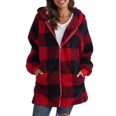Buy New Ladies Wool Fleece Teddy Bear Check Zip Overcoat Hooded Jacket Oversize • 13.10£