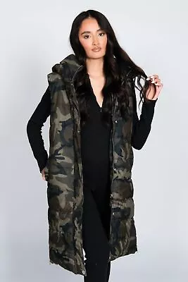 Buy Ladies Long Line Hooded Puffer Gilet Jacket Padded Body Warmer Side Pockets Zips • 18.99£