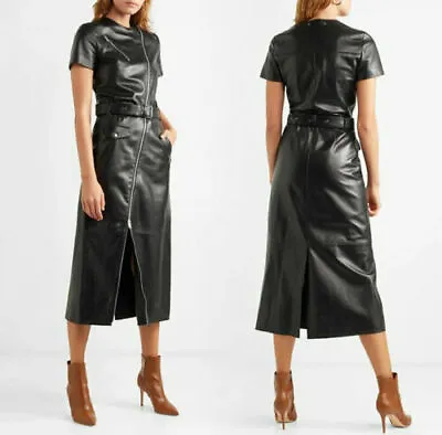 Buy Women Genuine Leather Jacket Dress Black Full Zipper With Back Slit & Belt • 135.30£