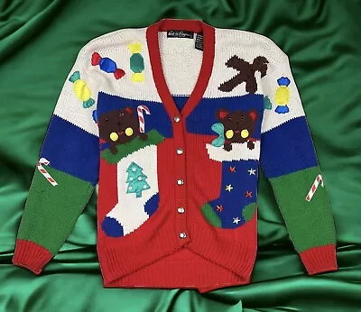 Buy VTG Christmas Tacky Knit Cardigan Sweater Gladys Bagley Button Up Ugly Party M • 37.79£