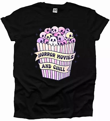 Buy Horror Movie And Chill Halloween Skull Skeleton Popcorn Cute Fun Woman Tshirt UK • 12.99£