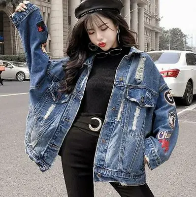 Buy Womens Loose Denim Jacket Embroidery Coat Hip Hop Hole Breasted Jeans Outwear@ • 29.59£