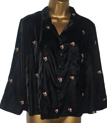 Buy Super Soft Black Velvet Jacket Embroidered Floral Detail U.k 16 Buttoned • 8£