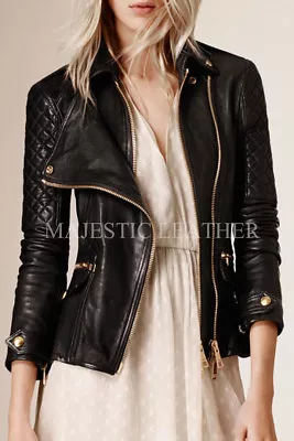 Buy Black Women's Slim Fit Biker Diamond Quilted Real Leather Jacket-BNWT • 48.99£