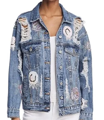 Buy Brand New- Sunset + Spring Destroyed Embellished Denim Jacket Womens (Size M) • 230.58£