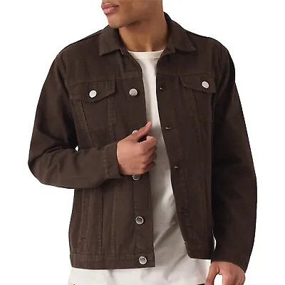 Buy Mens Denim Jacket  Button Up Brown Casual Western Trucker Style Long Sleeve Coat • 25.99£