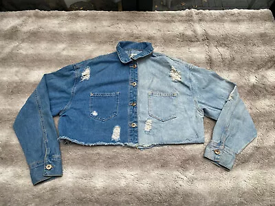 Buy Womens In The Look Blue Denim Cropped Jacket Buttoned UK Size 8 Distressed • 1£