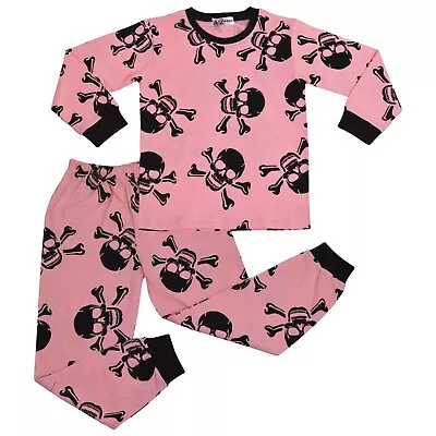 Buy Kids Girls Boy Baby Pink Skull N Bones Pyjamas PJs 2 Piece Cotton Set Nightwear • 9.99£